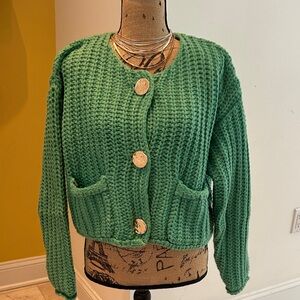 Green Chunky Knit Cardigan Sweater with Gold Buttons